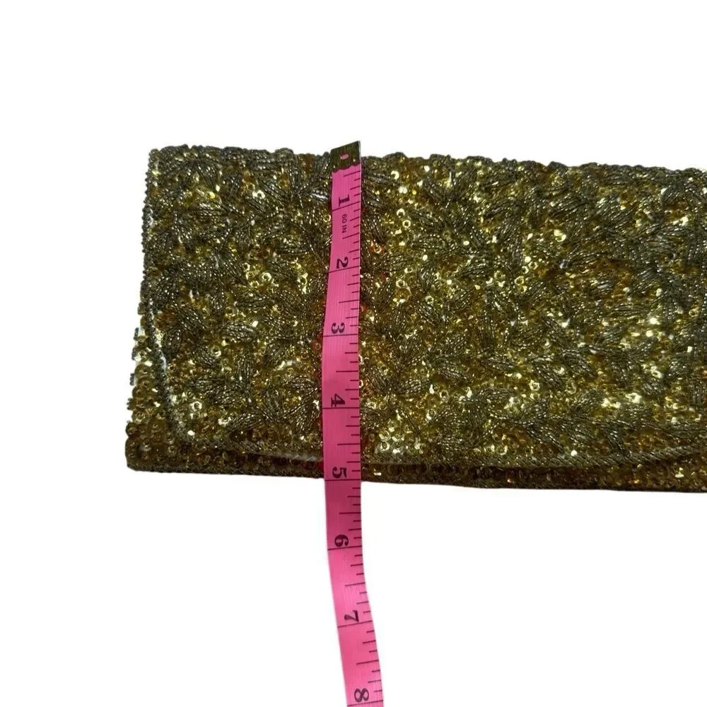50s 60s Vintage La Regale Gold Beaded Sequin Satin Clutch